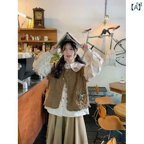 レディース　ファッション　レディース　オシャレ　かわいい　綺麗　上品 三次元 クマ歳 形 襟 長袖 シャツ コーデュロイ ベスト つぼみ スカート スーツ