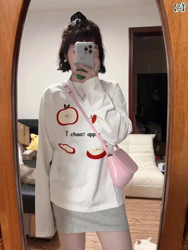 レディース　ファッション　レディース　オシャレ　かわいい　綺麗　上品 ホワイト コットン ラウンドネック 長袖 Tシャツ 秋 プリント ユニーク 見栄え 良い ボトム シャツ トップ イン