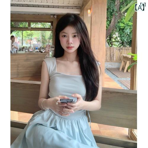 レディース　ファッション　レディース　オシャレ　かわいい　綺麗　上品 ハイウエスト スリム スクエアネック スプライシング フレンチ ドレス 夏 膝丈 サスペンダー スカート