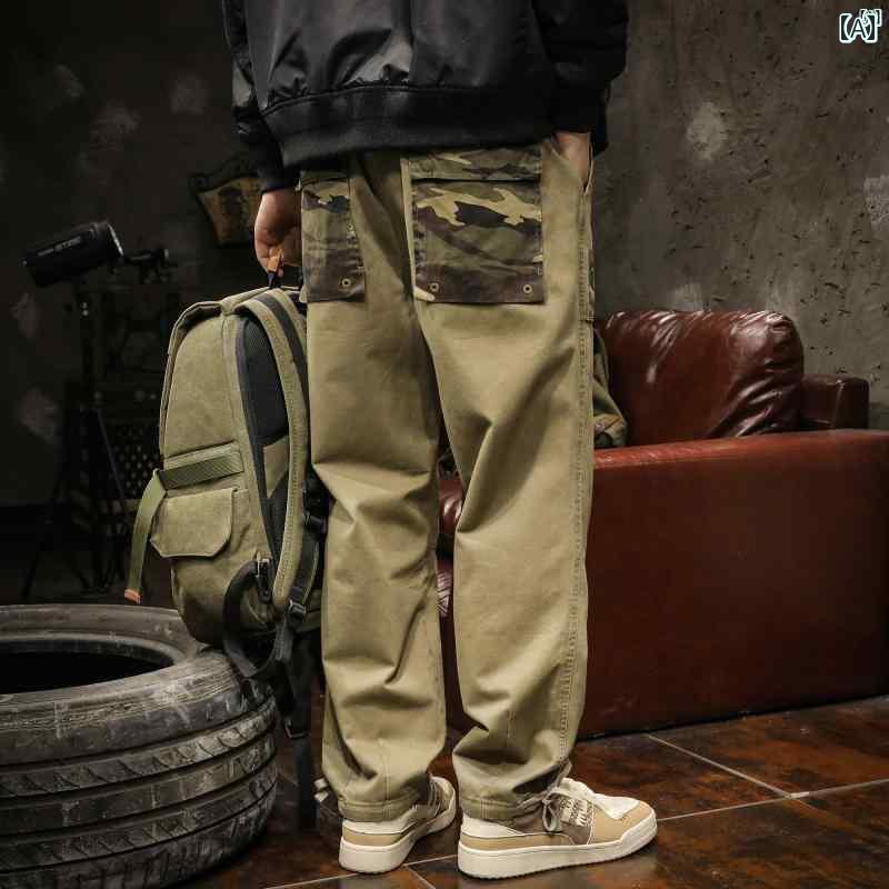 メンズ　ファッショオン　オシャレ　カジュアル　男性 レトロ 大きい ポケット 迷彩 オーバー オール たり 大きいサイズ 秋 巾着 ストレート パンツ