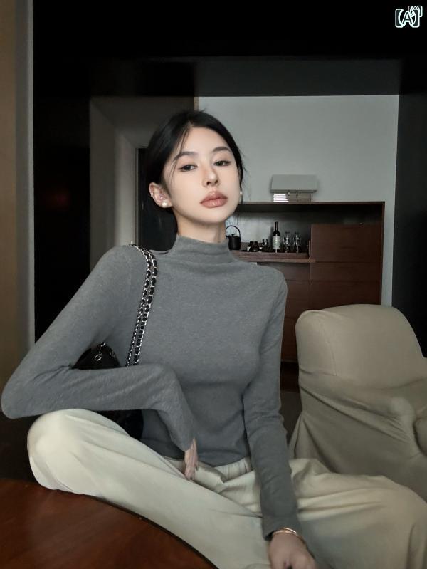 レディース　ファッション　レディース　オシャレ　かわいい　綺麗　上品 マイクロ ハイネック 起毛 ボトム シャツ 無地 スリムフィット トップ Tシャツ 秋冬 ベーシック(4)