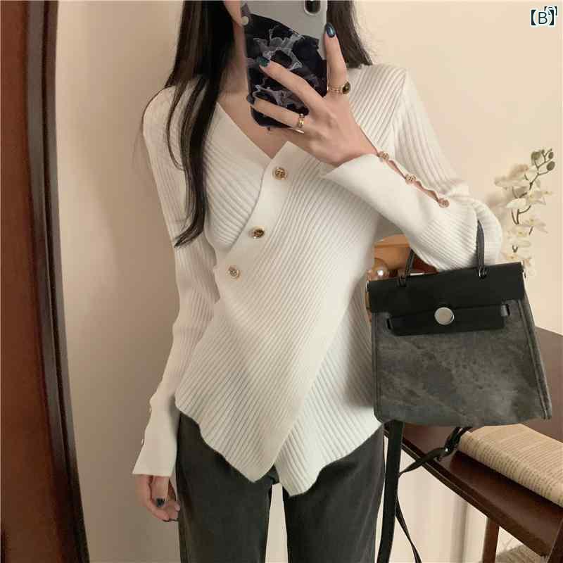 レディース　ファッション　レディース　オシャレ　かわいい　綺麗　上品 初秋 クロス ボタン スリムトップス Vネック 長袖 セーター