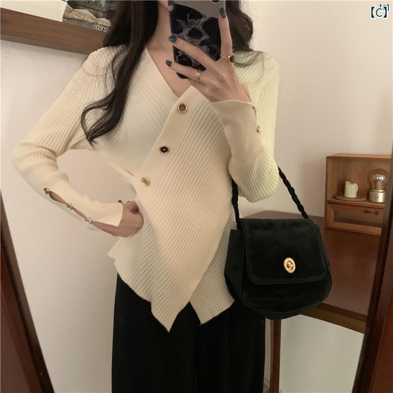 レディース　ファッション　レディース　オシャレ　かわいい　綺麗　上品 初秋 クロス ボタン スリムトップス Vネック 長袖 セーター