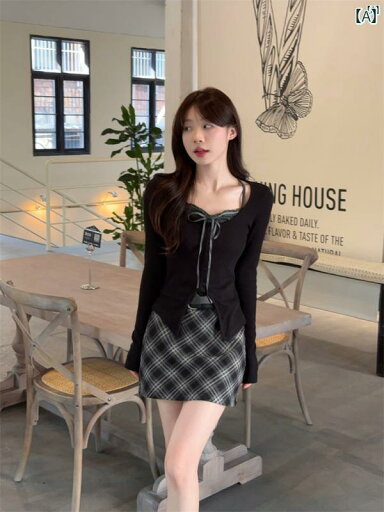 レディース ファッション レディース オシャレ かわいい 綺麗 上品 スタイリッシュ ガール スーツ フェイク 2点 スプライシング 長袖 Tシャツ 初秋 ハイウエスト チェック柄 スカート 2点セット レディース ファッション レディース オシャレ かわいい 綺麗 上品 スタイリッシュ ガール スーツ フェイク 2点 スプライシング 長袖 Tシャツ 初秋 ハイウエスト チェック柄 スカート 2点セット