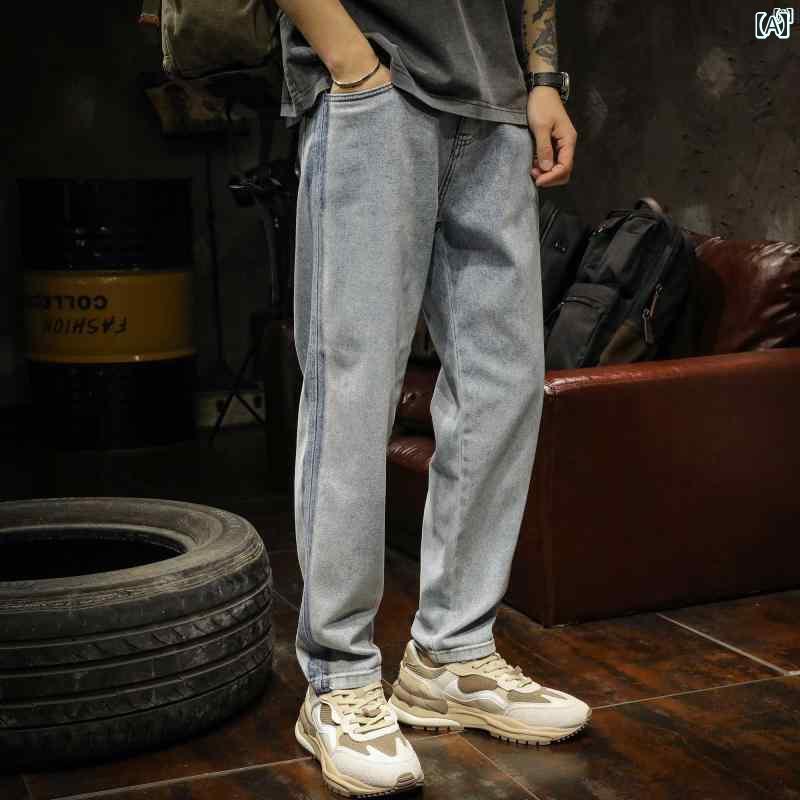 メンズ　ファッショオン　オシャレ　カジュアル　男性 秋 男性用 アメリカン ストリート ライト カラー ジーンズ ストレート ワイド レッグ ストライプ カジュアル パンツ