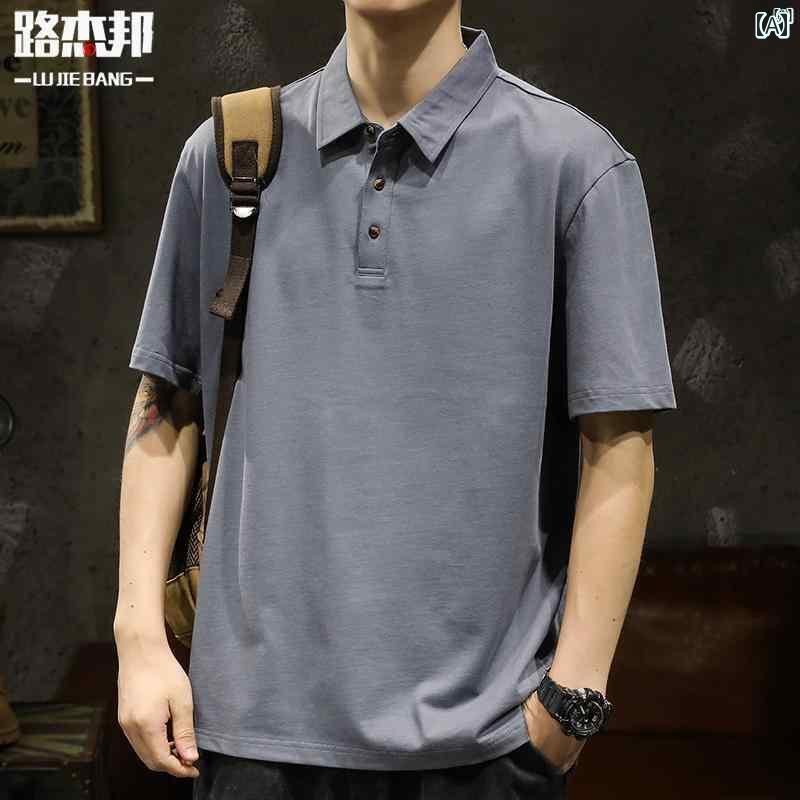 メンズ　ファッショオン　オシャレ　カジュアル　男性 ビジネス大歳 ダーク グレー 2 グラム コットン ポロシャツ 半袖 Tシャツ ボタン トップ メンズファッション