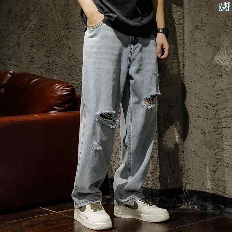メンズ　ファッショオン　オシャレ　カジュアル　男性 ライト ブルー スーパー ソフト ウォッシュ リップド ジーンズ メンズイン ストリート ドレープ ストレート サマー ワイド レッグ パンツ