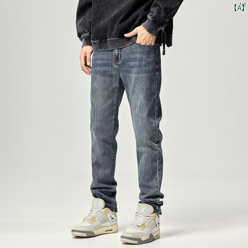 メンズ ファッション オシャレ カジュアル 男性 高級 レトロ ジーンズ ひげ ストレッチスリムパンツ 秋冬 細い ストレート パンツ