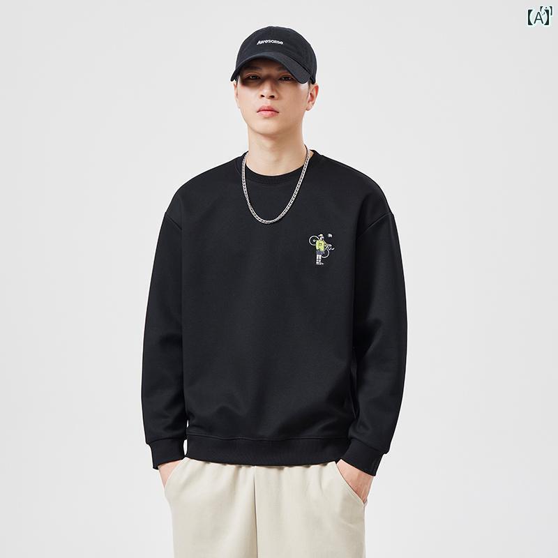 メンズ ファッション オシャレ カジュアル 男性 ライト 高級 アメリカ ブラック スウェットシャツ 落書き ボトム シャツ 深く 刺繍 春秋 ラウンドネック ジャケット