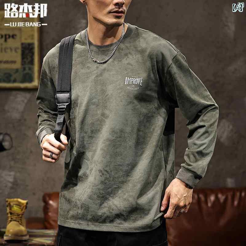 メンズ　ファッショオン　オシャレ　カジュアル　男性 アメリカン レトロ ラウンドネック 長袖 Tシャツ 男性用 春秋 ボトム シャツ トレーナー トップス(4)