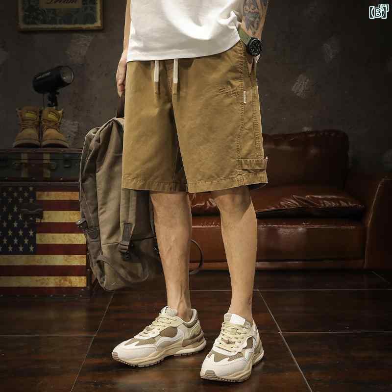 メンズ　ファッショオン　オシャレ　カジュアル　男性 ブラック カーゴ ショーツ メンズ 夏 コットン アメリカン レトロ カジュアル ミッド パンツ 五分丈