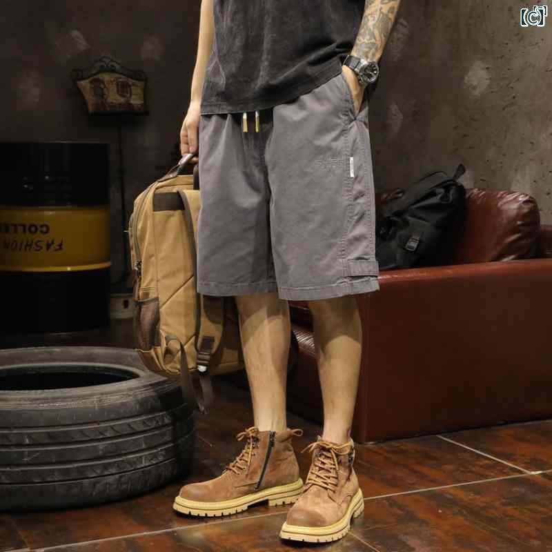 メンズ　ファッショオン　オシャレ　カジュアル　男性 ブラック カーゴ ショーツ メンズ 夏 コットン アメリカン レトロ カジュアル ミッド パンツ 五分丈