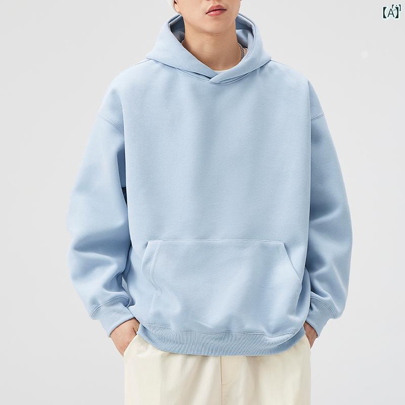 メンズ ファッション オシャレ カジュアル 男性 アメリカン ヘビーウェイト ソリッドカラー フード付き スウェットシャツ 男性用 春秋 ライト ブルー トップ 幅広 ぽっちゃり ジャケット 重ね ま