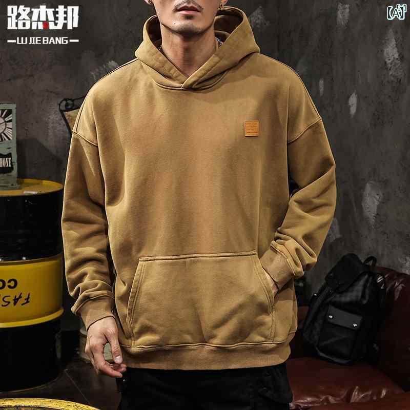 メンズ　ファッショオン　オシャレ　カジュアル　男性 厚手 380 g フライド ウォッシュ 加工 施 アメリカン 秋冬 メンズ用 ダメージ フード付き 長袖 スウェットシャツ ベルベット グラデーション ジャケット