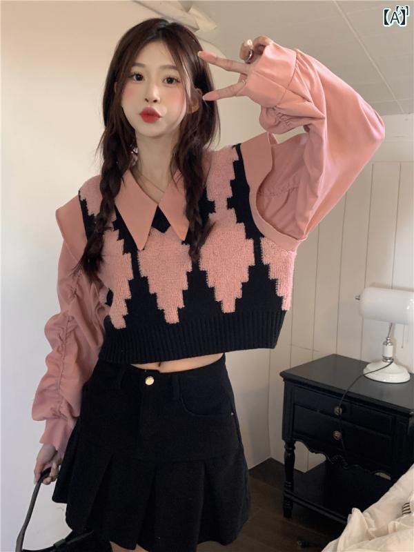 レディース　ファッション　オシャレ　かわいい　綺麗　カジュアル 新 ショート トップ 秋冬 フェイク 2点 ピンク スウェットシャツ 長袖 コート