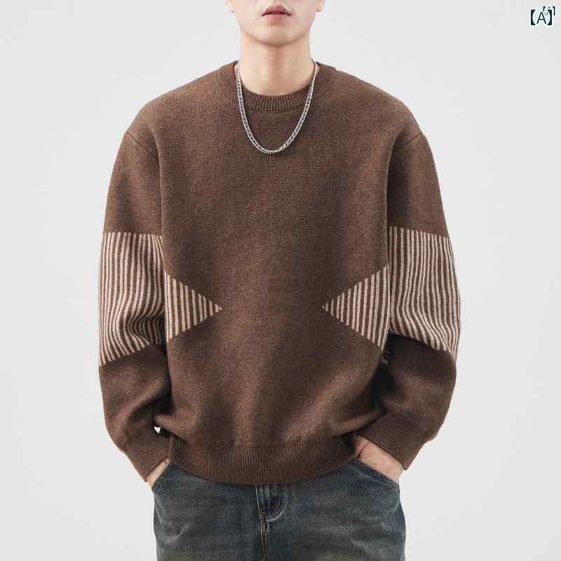 メンズ ファッション オシャレ カジュアル 男性 ラウンドネック セーター パッチワーク 長袖 ウール トップ