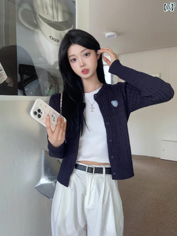 レディース　ファッション　オシャレ　かわいい　綺麗　カジュアル ミム ジ ニットカーディガン スモール コート 秋冬 ハイエンド ネイビーブルー セーター トップ