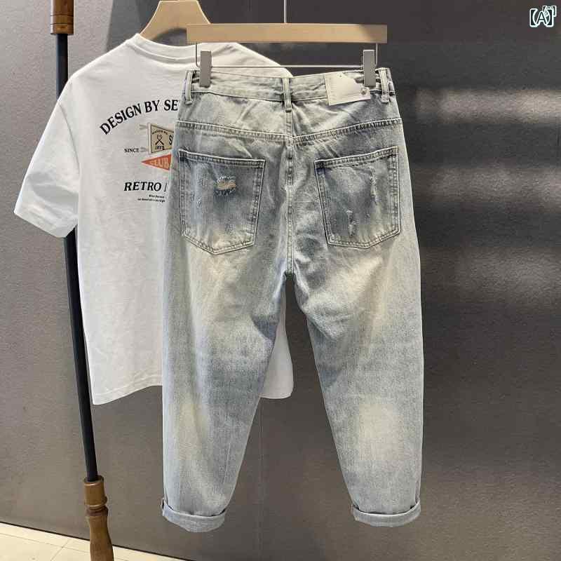 メンズ　ファッション　オシャレ　カジュアル　男性 ライト ブルー リップド ジーンズ 夏 ストーンウォ..