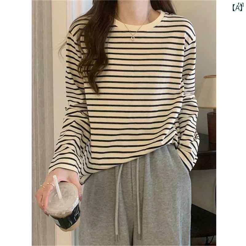 レディース　ファッション　オシャレ　かわいい　綺麗　カジュアル 秋 ラウンドネック 長袖 Tシャツ スリム ストライプ ボトム シャツ トップ
