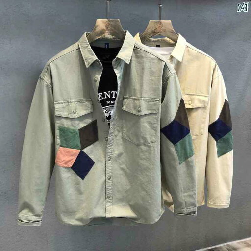 メンズ ファッション オシャレ カジュアル 男性 春秋 パッチワーク コントラスト ワークウェア 長袖 シャツ 和風 たり 大きいサイズ パッチ ジャケット メンズ ファッション オシャレ カジュアル 男性 春秋 パッチワーク コントラスト ワークウェア 長袖 シャツ 和風 たり 大きいサイズ パッチ ジャケット
