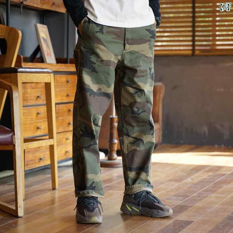 メンズ　ファッション　オシャレ　カジュアル　男性 春秋 男性用 アメリカン レトロ 迷彩 パンツ ワイド レッグ オーバー オール フランス 労働