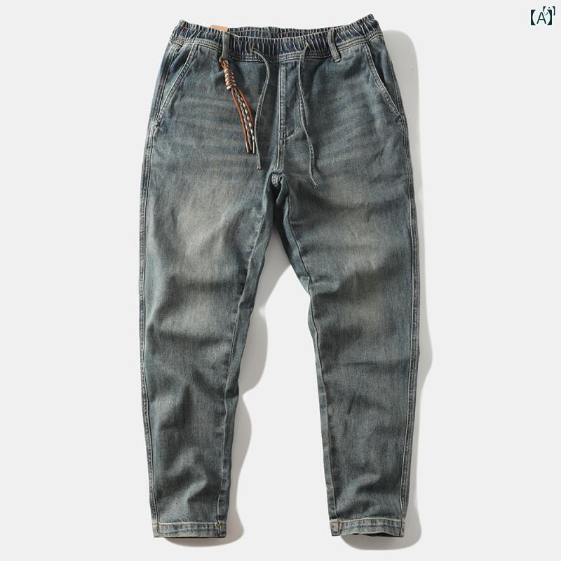 メンズ ファッション オシャレ カジュアル 男性 春秋 男性用 アメリカン レトロ ダメージ ジーンズ アミ カーキ ウエスト ゴム テーパードパンツ