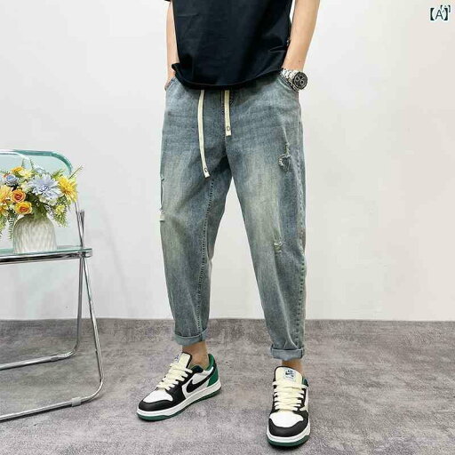 メンズ ファッション オシャレ カジュアル 男性 春夏 レトロ リップド ジーンズ ストレート 九分丈 パンツ 男性用 メンズ ファッション オシャレ カジュアル 男性 春夏 レトロ リップド ジーンズ ストレート 九分丈 パンツ 男性用