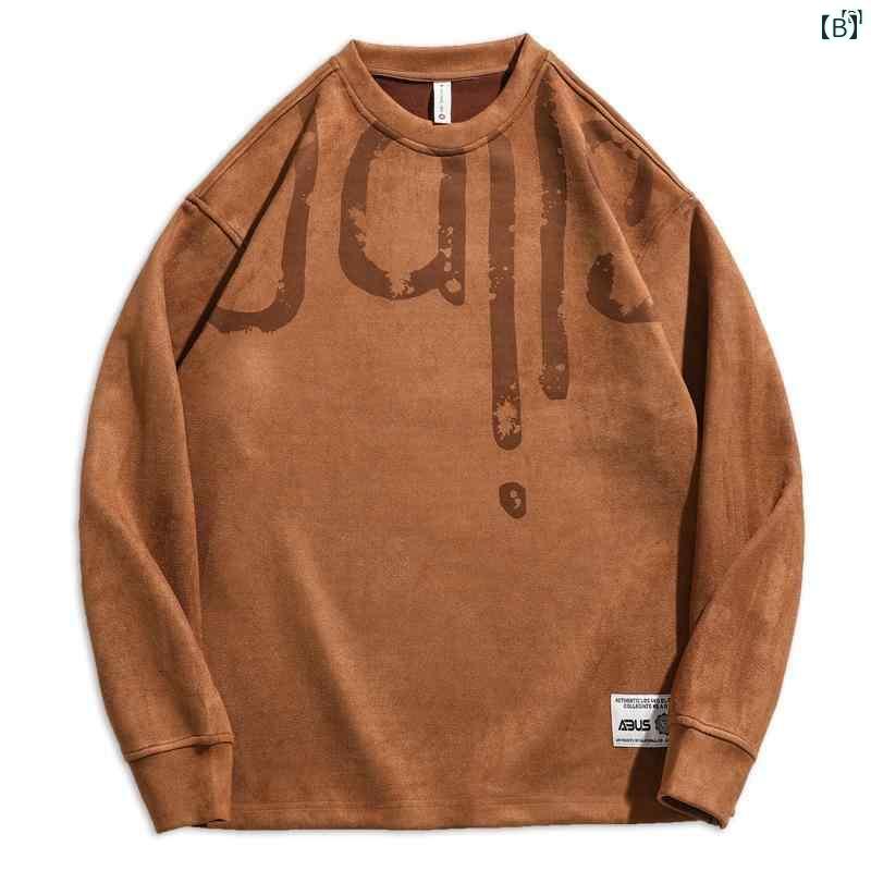 メンズ　ファッション　オシャレ　カジュアル　男性 春秋 アメリカン レトロ スエード トレーナー 長袖 Tシャツ たり 大きいサイズ ボトム シャツ