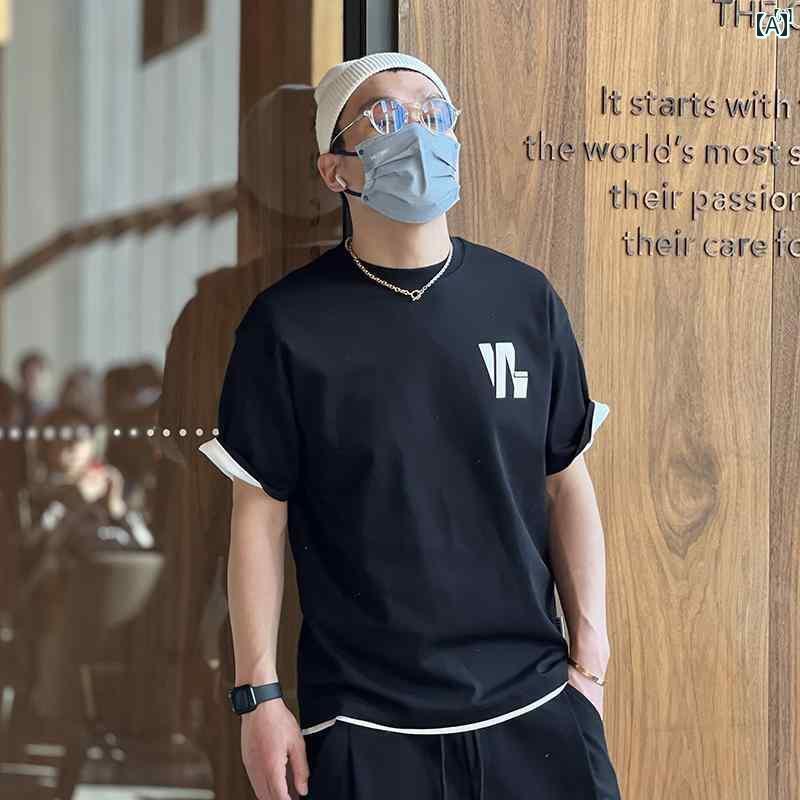 メンズ　ファッション　オシャレ　カジュアル　男性 アメリカン ヘビーウェイト カジュアル 半袖 トップス レター プリント ボトムス メンズ Tシャツ