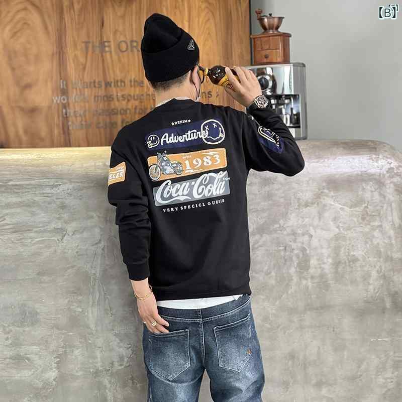 メンズ　ファッション　オシャレ　カジュアル　男性 刺繍入り ラウンドネック プリント スウェットシャツ 男性用 春秋 ストリート トップス アメリカン カジュアル フード付き ジャケット
