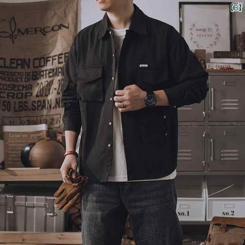 メンズ　ファッション　オシャレ　カジュアル　男性 春秋 作業着 シャツ ジャケット レトロ ファッション マルチ ポケット 大きいサイズ 長袖