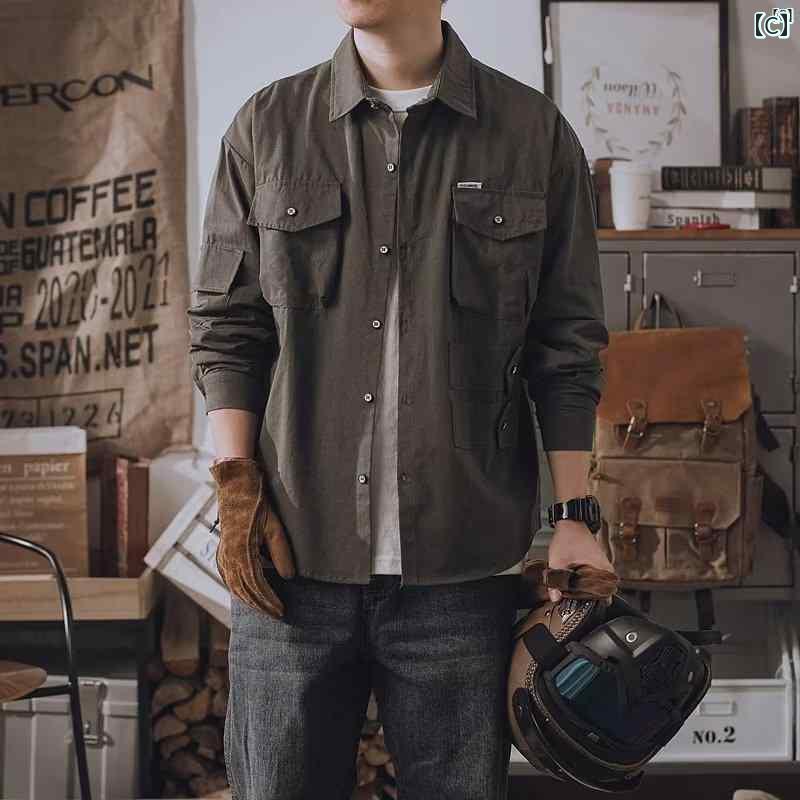 メンズ　ファッション　オシャレ　カジュアル　男性 春秋 作業着 シャツ ジャケット レトロ ファッション マルチ ポケット 大きいサイズ 長袖