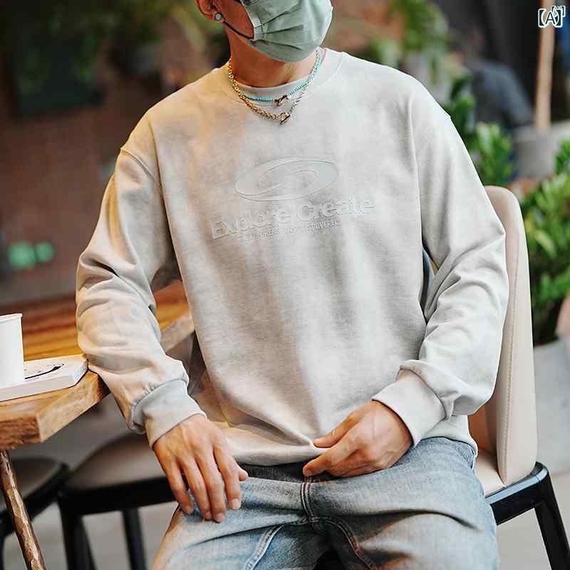 メンズ ファッション オシャレ カジュアル 男性 アメリカ ストリート ウォッシュ 加工 ダメージ プリント メンズ ラウンドネック スウェットシャツ ファッション プレミアム コットン ヘビーウェイト プルオーバー トップ