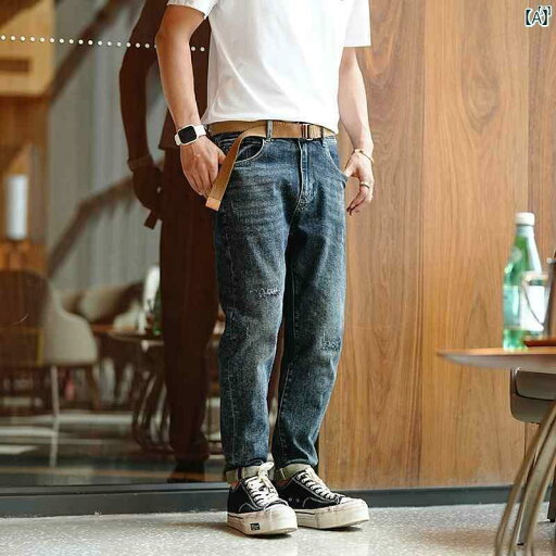 メンズ ファッション オシャレ カジュアル 男性 アメリカン ストリート レトロ ブルー ウォッシュ リップド ジーンズ メンズベルト付き カジュアル パンツ メンズ ファッション オシャレ カジュアル 男性 アメリカン ストリート レトロ ブルー ウォッシュ リップド ジーンズ メンズベルト付き カジュアル パンツ