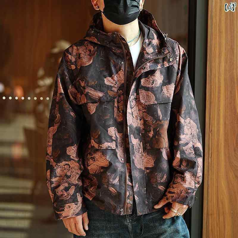 メンズ　ファッション　オシャレ　カジュアル　男性 アメリカン レトロ 油絵 プリント フード付き ウインドブレーカー メンズ 秋 ファッション ワークウェア ポケット 機能 ジャケット(4)