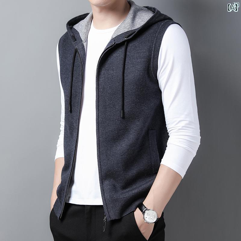 メンズ　ファッション　オシャレ　カジュアル　男性 上品 フード付き ベスト 暖かい カーディガンジャケット高耐久性 秋冬 厚手 ノースリーブニット