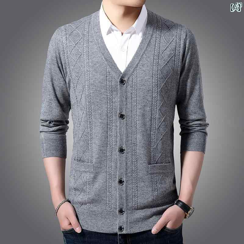 メンズ　ファッション　オシャレ　カジュアル　男性 上品 秋冬 セーター ジャケット 長袖 厚手 無地 Vネックカーディガン インナー 付き