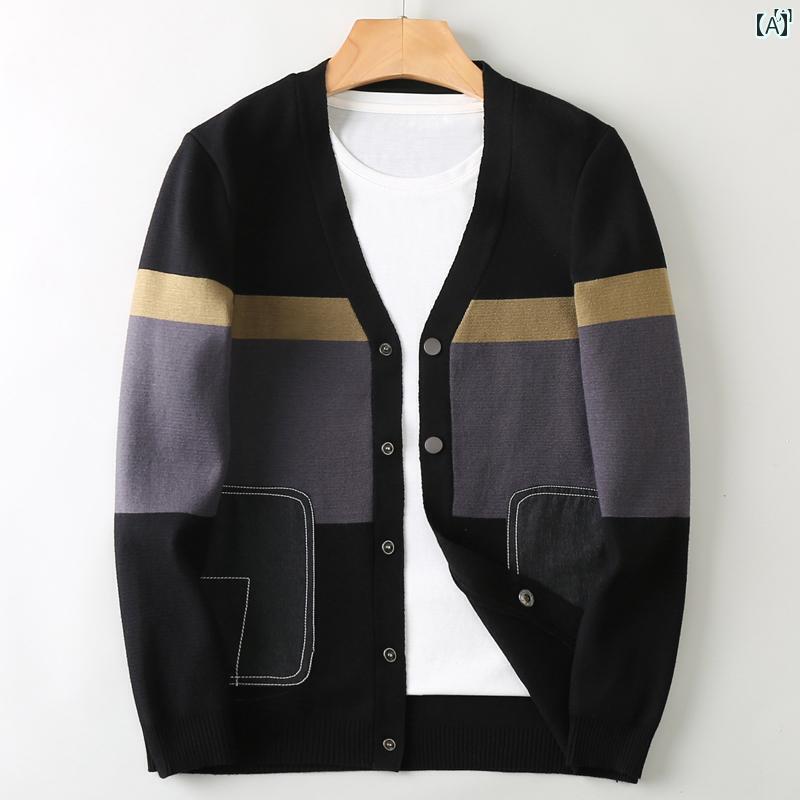 メンズ　ファッション　オシャレ　カジュアル　男性 上品 Vネック カーディガン 春秋 スリムフィット カラー ブロック ニット ジャケット カジュアル スナップ ボタン