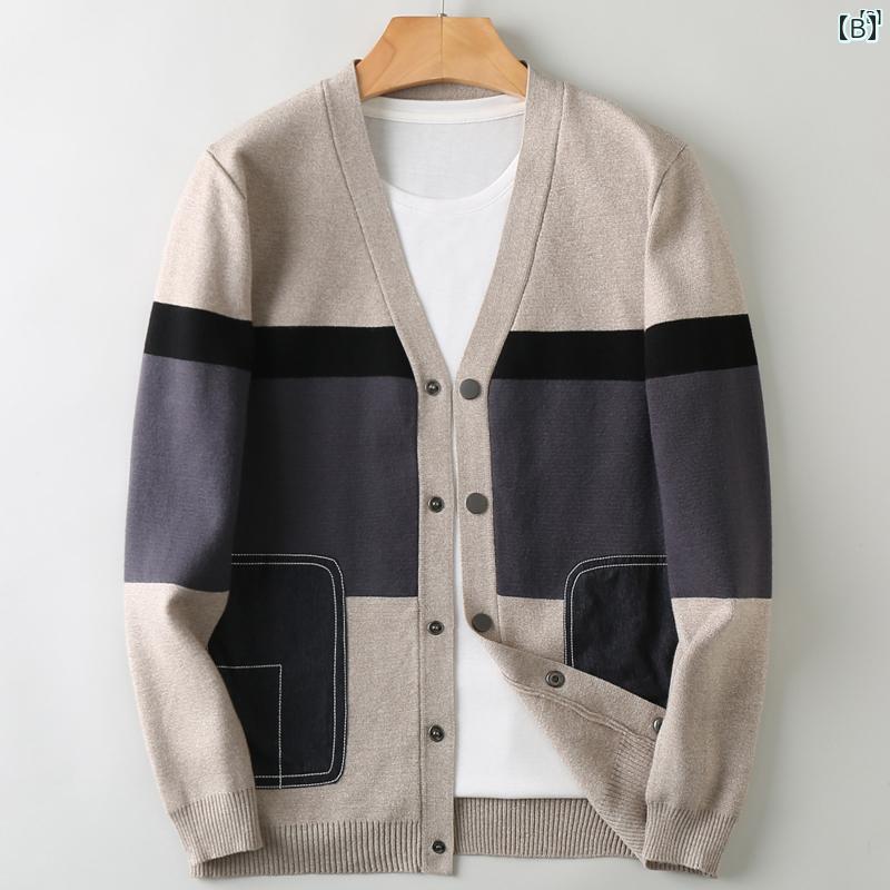 メンズ　ファッション　オシャレ　カジュアル　男性 上品 Vネック カーディガン 春秋 スリムフィット カラー ブロック ニット ジャケット カジュアル スナップ ボタン