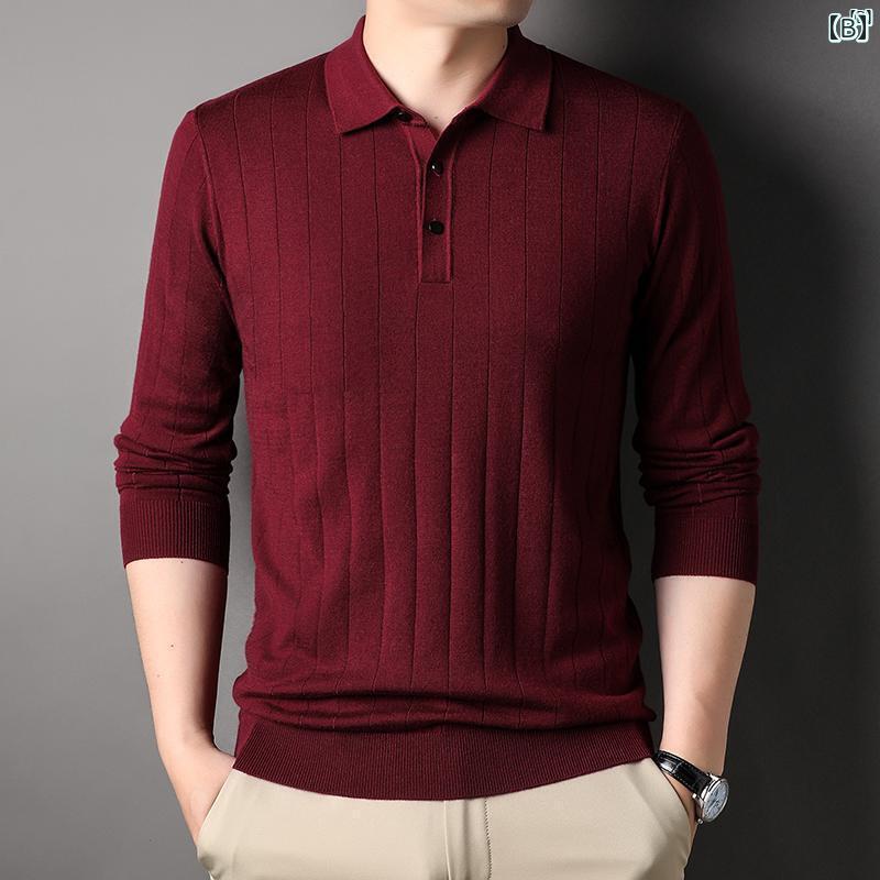 メンズ　ファッション　オシャレ　カジュアル　男性 上品 春秋 ウール セーター ポロシャツ ストライプ 長袖 Tシャツお父さん トップ ストップス