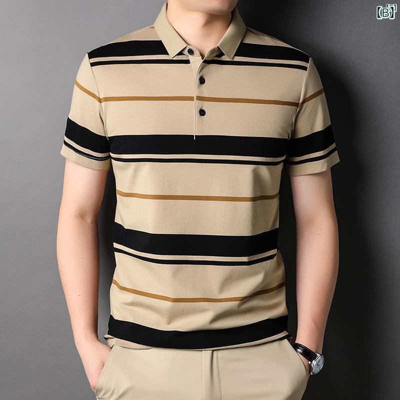 メンズ　ファッション　オシャレ　カジュアル　男性 上品 夏 ポロシャツ ビジネス カジュアル ストライプ 半袖 Tシャツ 男性