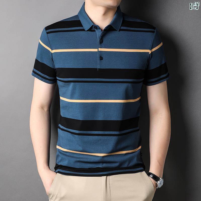 メンズ　ファッション　オシャレ　カジュアル　男性 上品 夏 ポロシャツ ビジネス カジュアル ストライプ 半袖 Tシャツ 男性