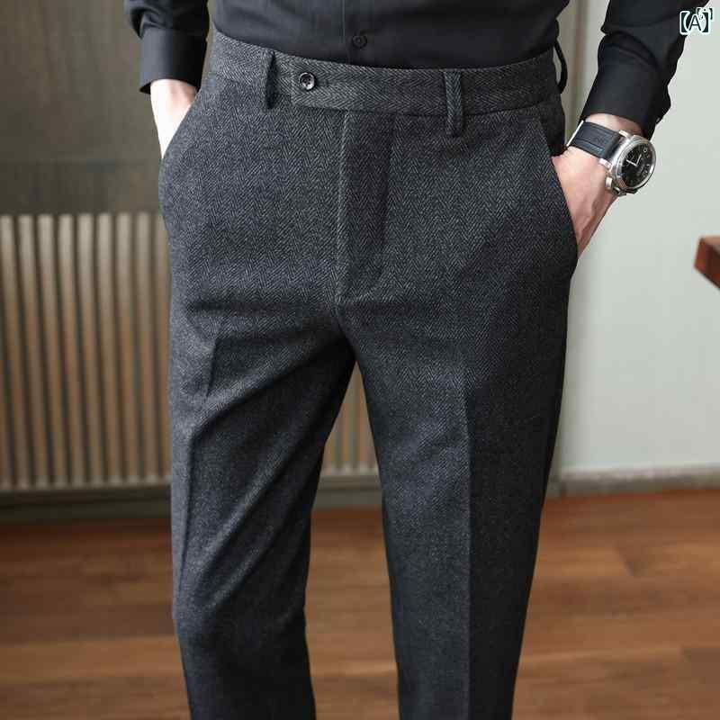 男性　オシャレ　かっこいい　カジュアル 春秋 ウール スーツ パンツ メンズ ヘリンボーン メンズカジュアル 起毛 ビジネス メンズパンツ
