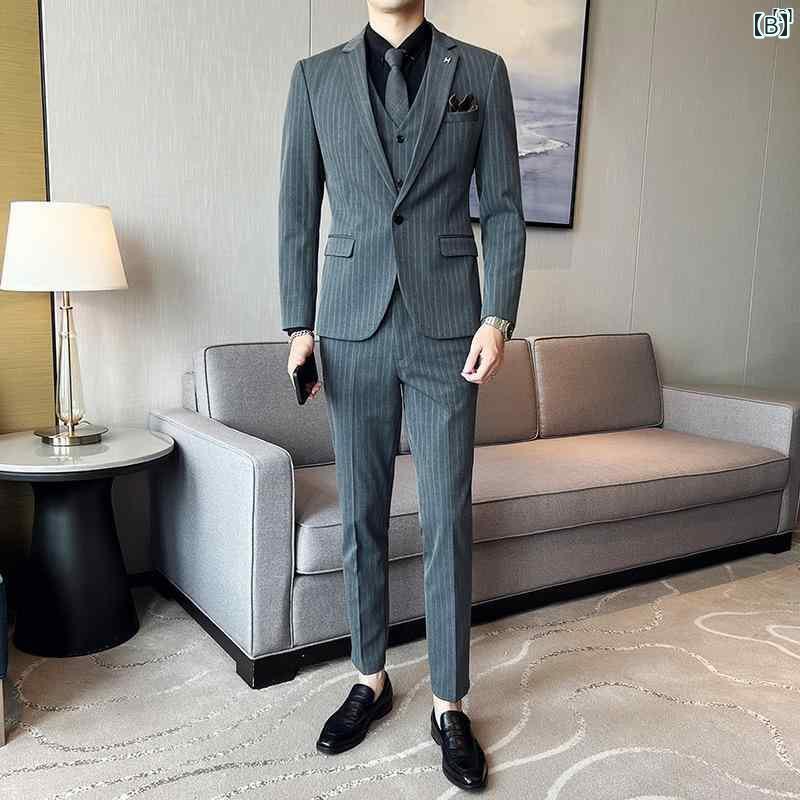 男性　オシャレ　かっこいい　カジュアル メンズ スリーピーススーツ スリム ストライプスーツ 仕事用 ビジネス カジュアル スーツ 男性用 プロ フォーマルスーツ