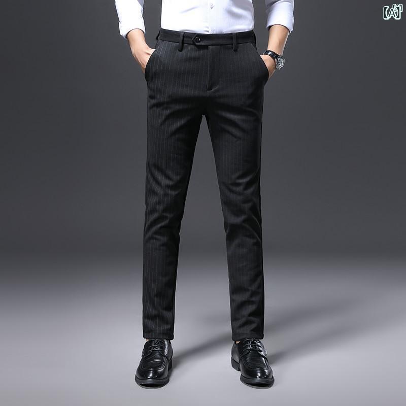 男性　オシャレ　かっこいい　カジュアル 秋冬 男性用 ウール パンツ 厚手 起毛 メンズ ストライプ カジュアル スリムフィット 小柄 足 ハイエンド ビジネス スーツ