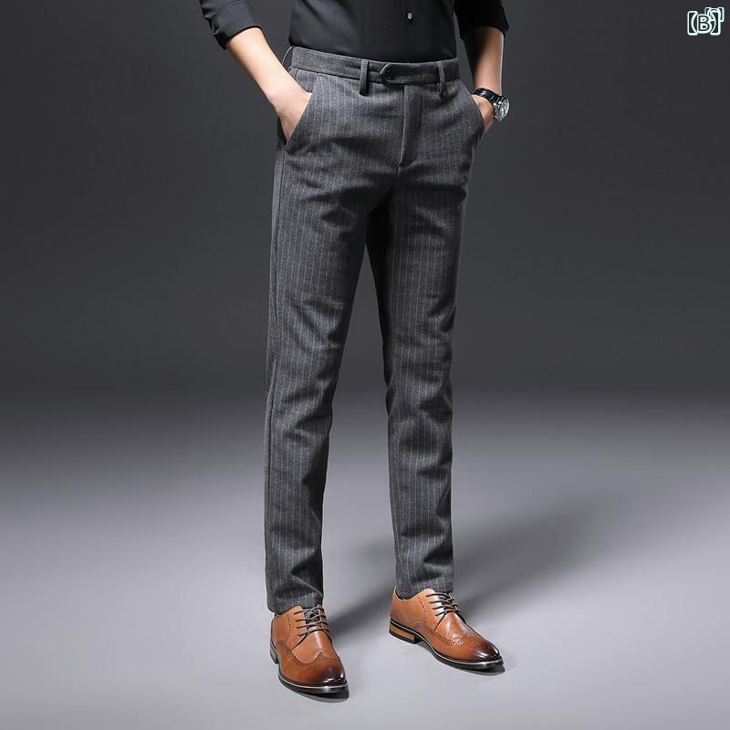 男性　オシャレ　かっこいい　カジュアル 秋冬 男性用 ウール パンツ 厚手 起毛 メンズ ストライプ カジュアル スリムフィット 小柄 足 ハイエンド ビジネス スーツ