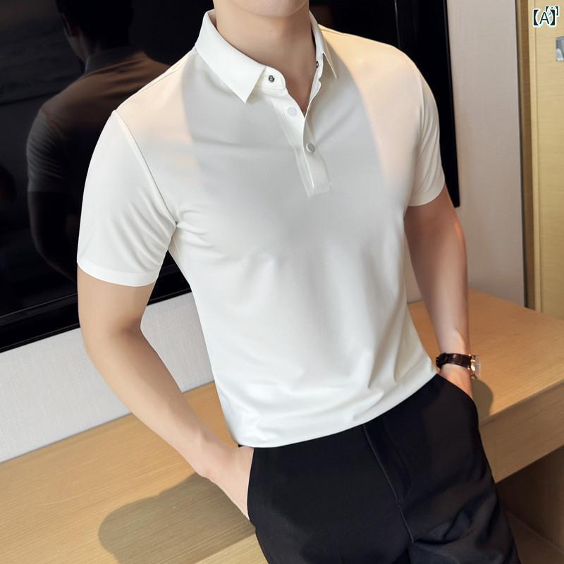 男性　オシャレ　かっこいい　カジュアル 夏 薄手 半袖 ポロシャツ メンズ 磁気 バックル ドレープ ワッフル シームレス Tシャツ トップ