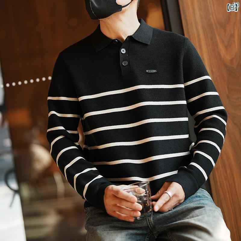 メンズ　ファッション　オシャレ　カジュアル　男性 ファッション ストライプカラー ポロ カラー セーター メンズ 秋冬 シンプル ジャケット