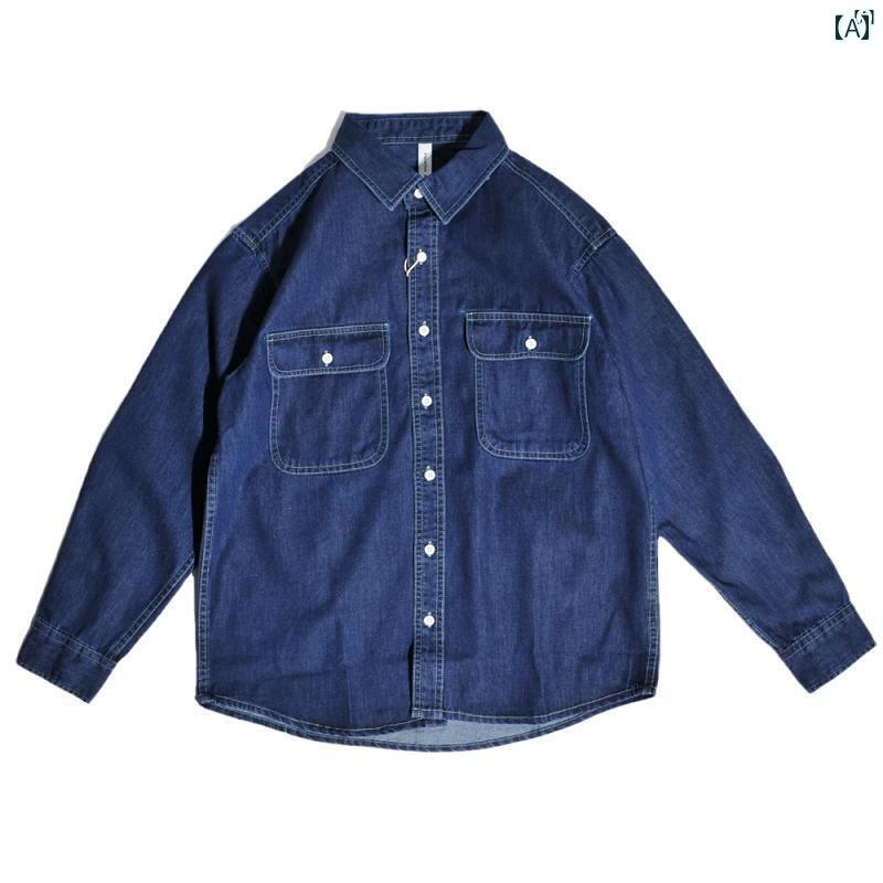 メンズ　ファッション　オシャレ　カジュアル　男性 春秋 アメリカン クラシック レトロ ワークウェア デニムシャツ ウォッシュ マルチ ポケット 長袖 シャツ