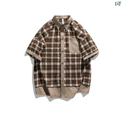 メンズ ファッション オシャレ カジュアル 男性 レトロ チェック柄 スプライシング 半袖 シャツ 夏 ハイエンド BF ジャケット メンズ ファッション オシャレ カジュアル 男性 レトロ チェック柄 スプライシング 半袖 シャツ 夏 ハイエンド BF ジャケット